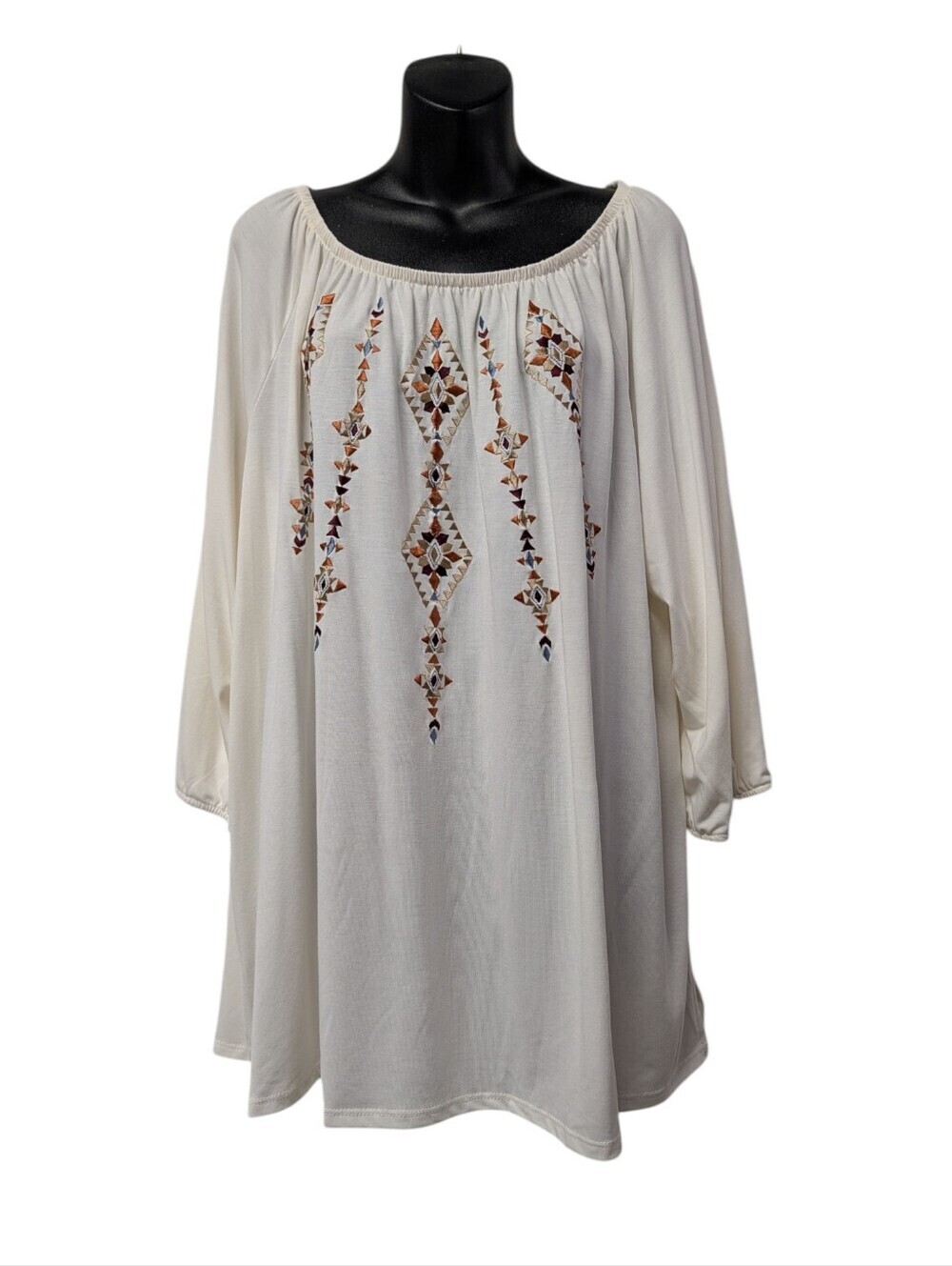 Ruby Rd. Wns 2X Cream Embroidered Boho Top 3/4 Sleeve Folk Aztec Geometric NWT